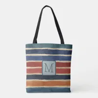 Wide Watercolor Stripes Teal Color Block Monogram Tote Bag