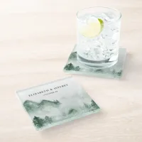 Rustic Watercolor Mountains Pine Winter Wedding  Glass Coaster