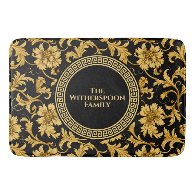 Family Monogram Black Gold Classy Elegant Pattern Bath Mat