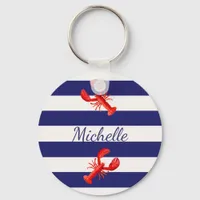 Blue White nautical stripes red lobsters monogram Keychain