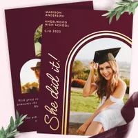 She Did It Burgundy Modern Arch Photo Graduation Foil Invitation