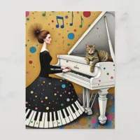 Woman and Cat at Piano Surreal Postcard