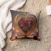 Victorian golden heart with red roses, vintage throw pillow