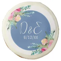 Blue Floral Pink Rosebud Wedding Personalized Sugar Cookie