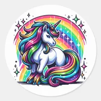 Magical Colorful Unicorn and Rainbow Sparkles Classic Round Sticker