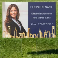 Real estate agent blue gold photo city skyline sign