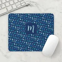 Modern blue raindrops monogram mouse pad