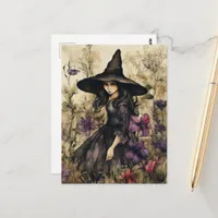 Watercolor Witch With Flowers Postcard