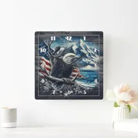 Magnificent Eagle With American Flag and Mountains Square Wall Clock