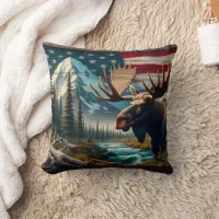 Moose Near River With Mountains and Flag Throw Pillow