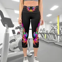 Phoenix - colorful fractal art on black capri leggings