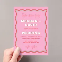 Retro Curve Squiggle Wavy Pink Red Photo Wedding Acrylic Invitations