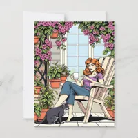 A Women with Coffee, Cat and  Plants Postcard