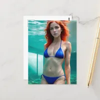 Red Hair Woman in a Blue Bikini Postcard