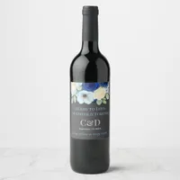 Navy Royal Bue Wedding Watercolor Ivory Flowers Wine Label