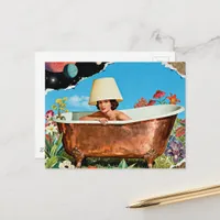 woman rustic copper bathtub flowers collage postcard