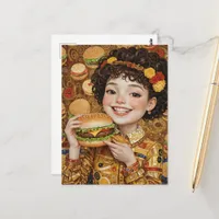 A Joyful Lady With A Cheeseburger Postcard