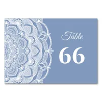 Elegant dusty blue white lace mandala classic table number