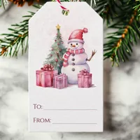 Pink Watercolor Snowman Scene Christmas Gift Tags