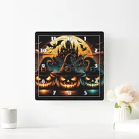 Halloween pumpkins glow under a full moon at dusk square wall clock