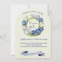 Elegant Watercolor Tulip Wreath Wedding Blue Ivory Invitation