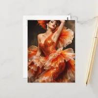 A beautiful woman in a goldfish dress postcard
