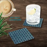 Art Deco Fan Pattern Blue  Square Paper Coaster