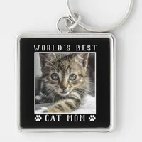 World's Best Cat Mom Paw Prints Pet Photo Black Keychain