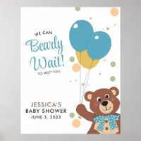 We Can Bearly Wait Cute Bear Blue Baby Boy Shower Poster