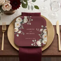 Watercolor Burgundy White Floral Winter Wedding Paper Plates