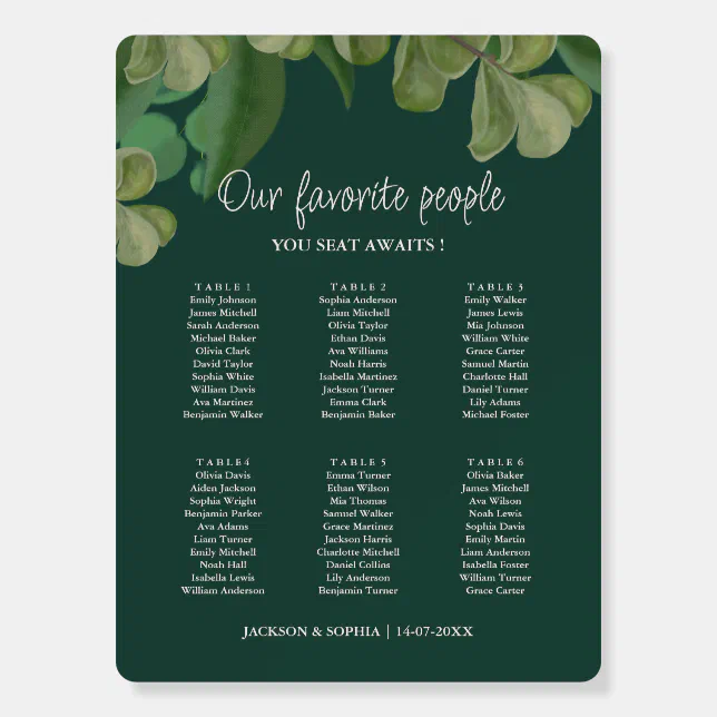 Emerald green Elegant greenery seating chart Foam Board