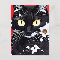 Black Cat With White Flowers Red Background Postcard