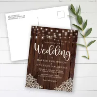 Rustic Wood and String Lights Lace Wedding Invitation Postcard