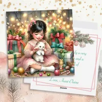 Little Vintage Girl in Pink with Kitten Christmas Holiday Card