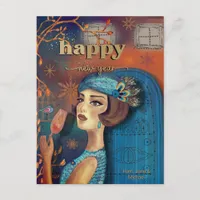 Colorful Vintage Retro Happy NEW YEAR Postcard