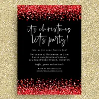 Glam Red Glitter Christmas Lets Party Black Invitation