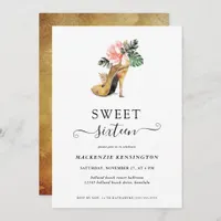 Chic Floral Gold Heels Sweet 16 Birthday Invitation
