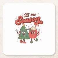 Tis The Season Retro Christmas 70s 80s Vintage Gro Square Paper Coaster