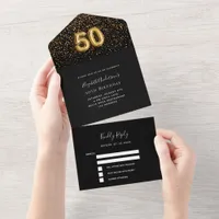 50th birthday black gold confetti rsvp all in one invitation