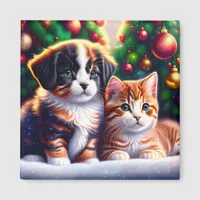 Cute puppy and cat under Christmas tree Magnet