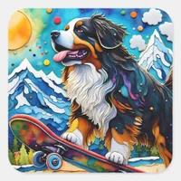 Skateboarding Bernese Mountain Dog Square Sticker