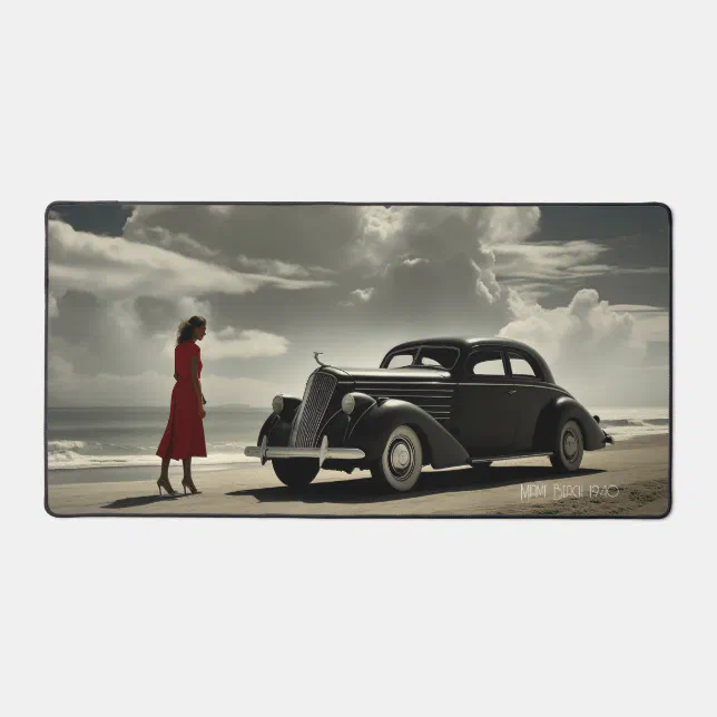 Retro Miami Beach 1940's roadster on the beach Desk Mat