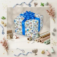 Fun Blue Cartoon Hanukkah Birthday Wrapping Paper