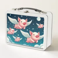 Whimsical Cute Flying Pigs in Starry Night Sky Metal Lunch Box