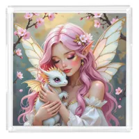 An Elegant Fairy and her Baby Dragon Personalized Acrylic Tray