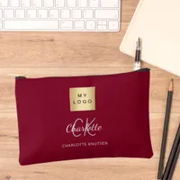 Burgundy business logo name monogram accessory pouch