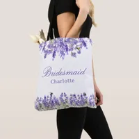Bridesmaid lavender flowers violet name script tote bag