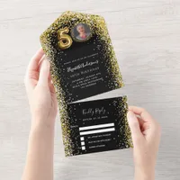 50th birthday black gold photo rsvp all in one invitation