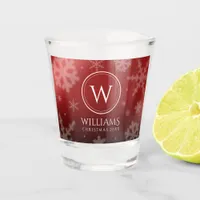 Festive Red Foil Snowflakes Monogram Name Shot Glass