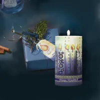 Blue Candle lights Happy Hanukkah Pillar Candle